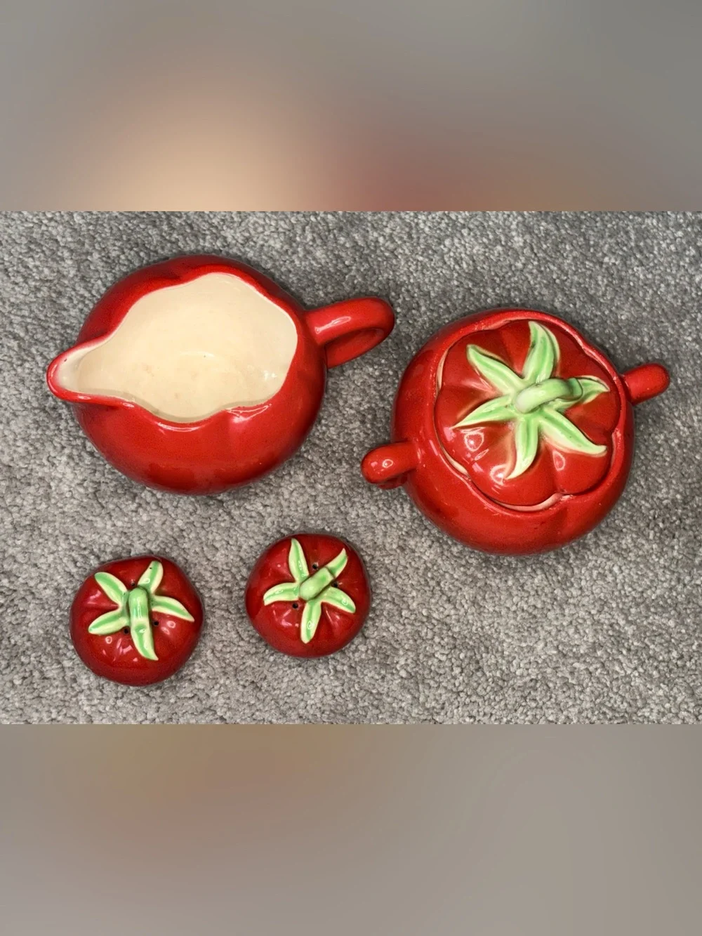 Pantry Parade Red Tomato Ceramic Sugar Bowl & Creamer w/Salt & Pepper Shakers